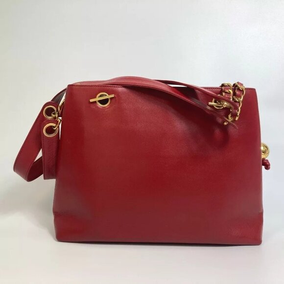 CHANEL CC Turn Lock outside flap Shoulder Tote Chain Shoulder Bag Lambskin Red - Picture 3 of 13